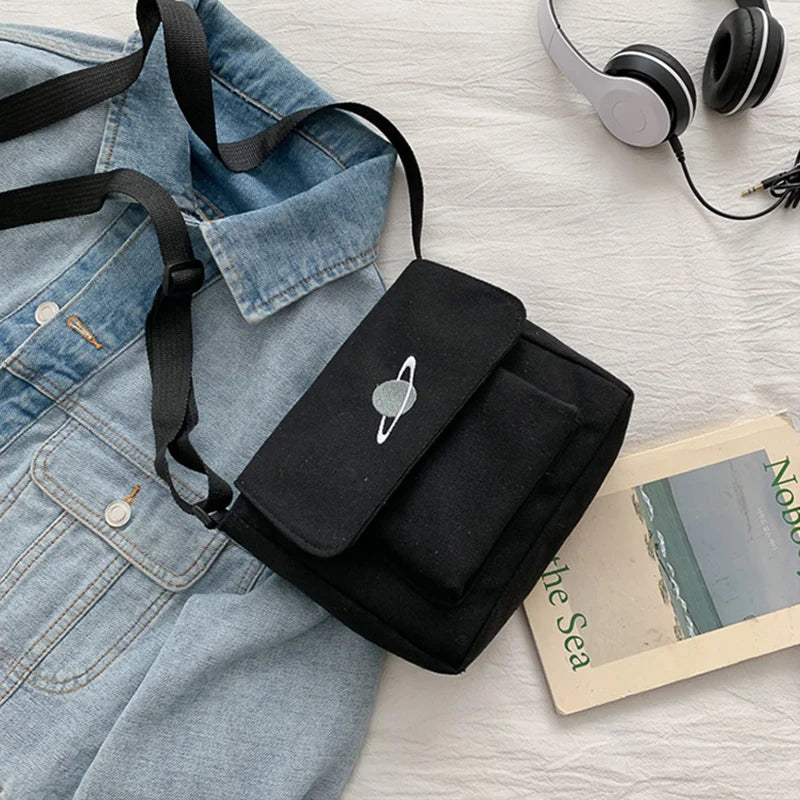Embroidery Planet Crossbody Bag Canvas Messenger Pouch