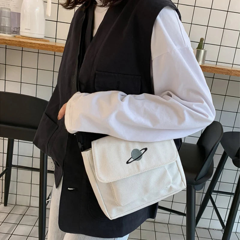 Embroidery Planet Crossbody Bag Canvas Messenger Pouch