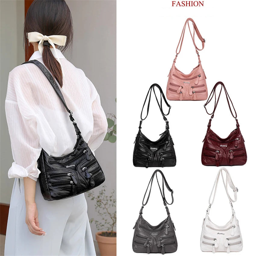 Small Soft Shoulder Bag Casual Women Bag Wash Leather Crossbody