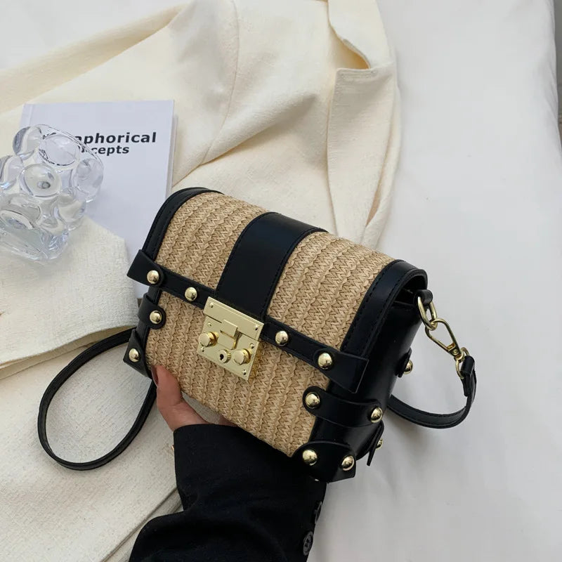 Small Square Rivet Straw Crossbody Bags for Women
