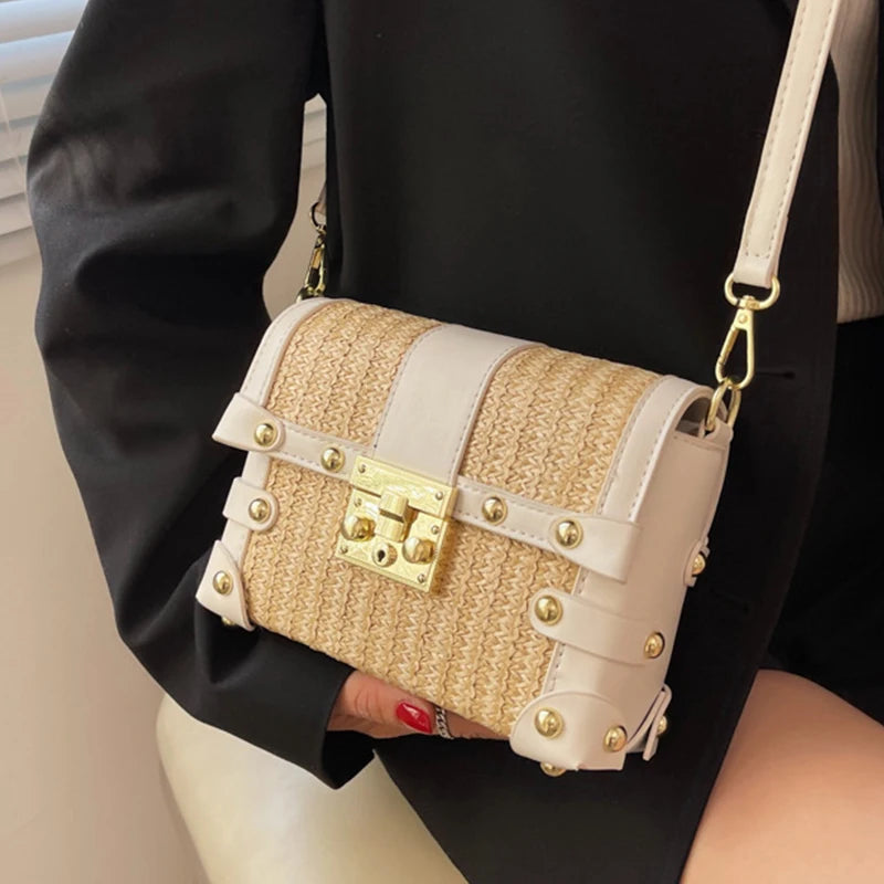 Small Square Rivet Straw Crossbody Bags for Women