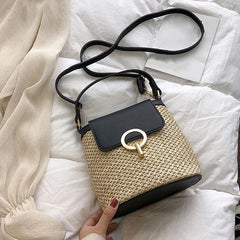Straw Bucket Bag for Women Crossbody Rattan Beach Lady