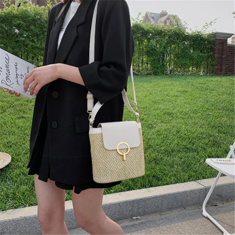Straw Bucket Bag for Women Crossbody Rattan Beach Lady