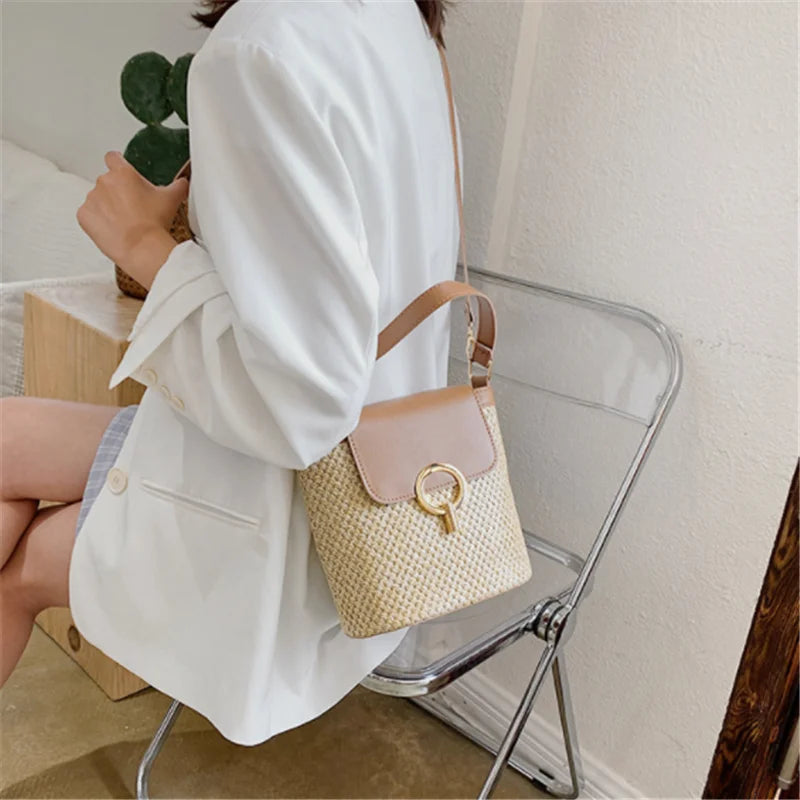 Small Straw Bag Bucket For Women Summer Crossbody Bags Rattan Bags Beach Lady