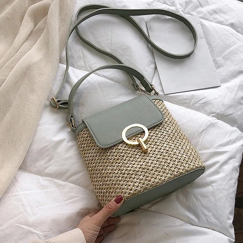 Straw Bucket Bag for Women Crossbody Rattan Beach Lady