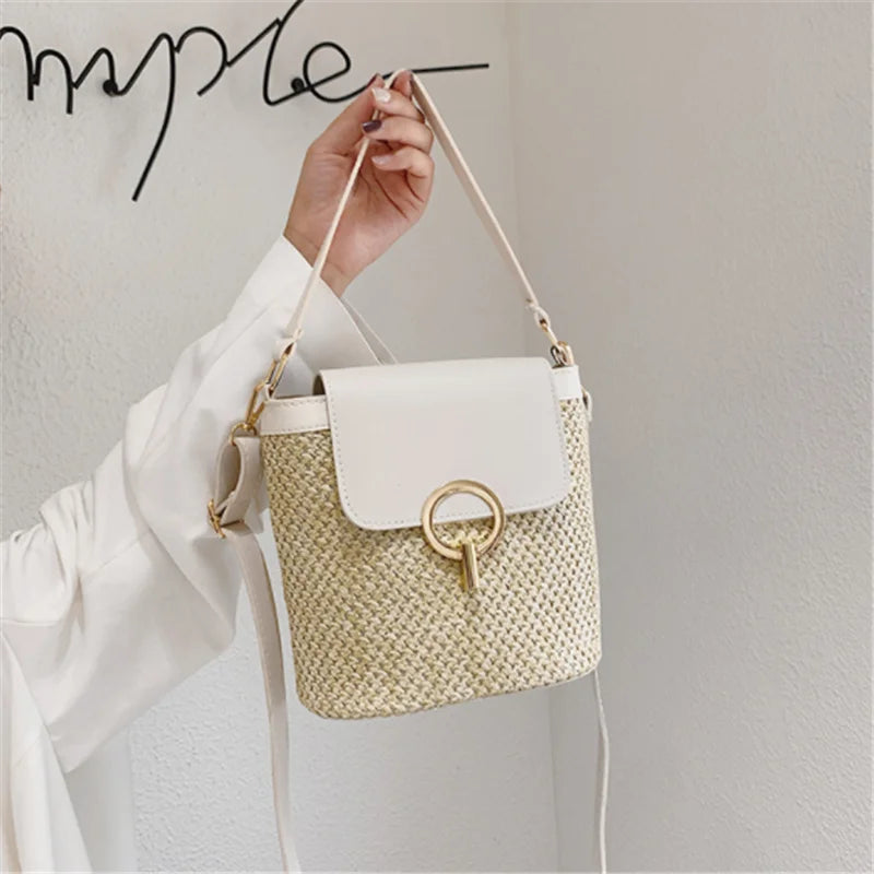 Small Straw Bag Bucket For Women Summer Crossbody Bags Rattan Bags Beach Lady