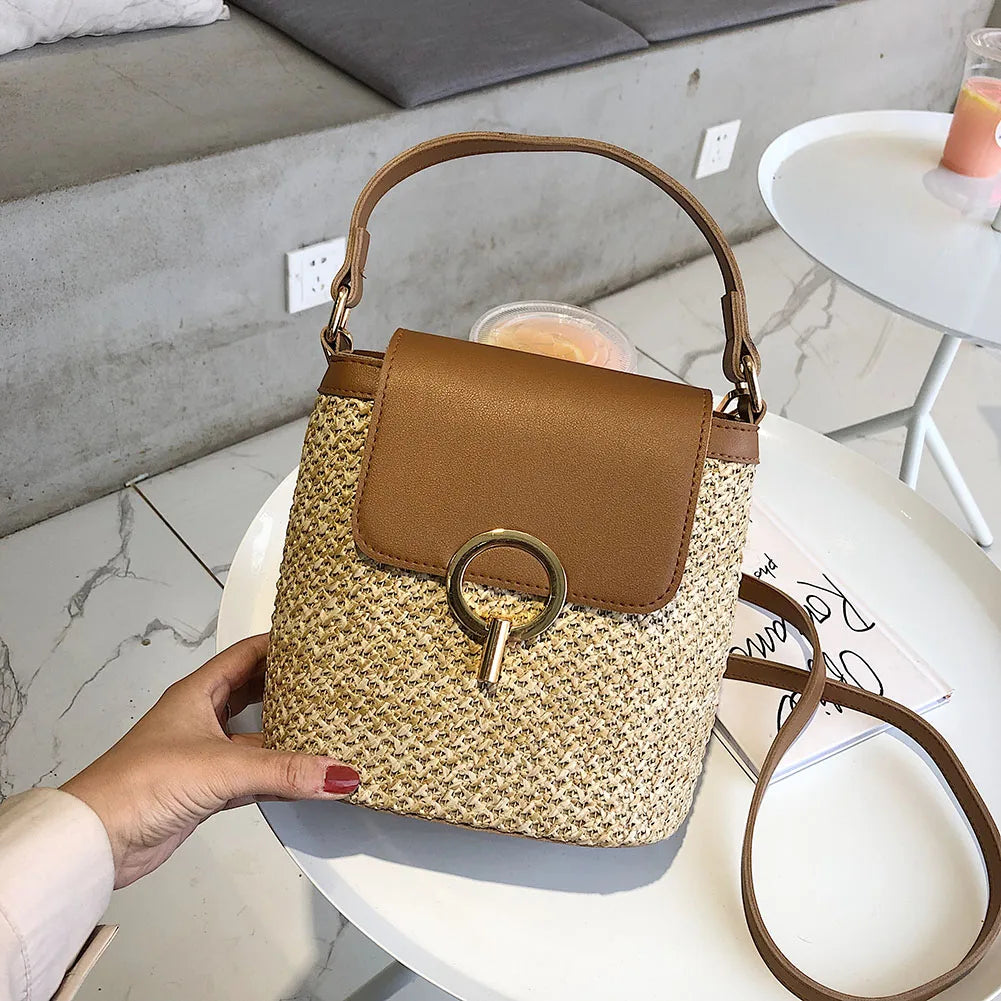 Straw Bucket Crossbody Bag Summer Travel Purse Handbag Shoulder Messenger
