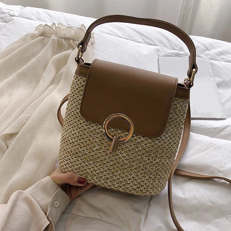 Straw Bucket Bag Women Crossbody Summer Travel Shoulder Bag