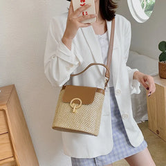 Straw Bucket Crossbody Bag Summer Travel Shoulder Purse for Women