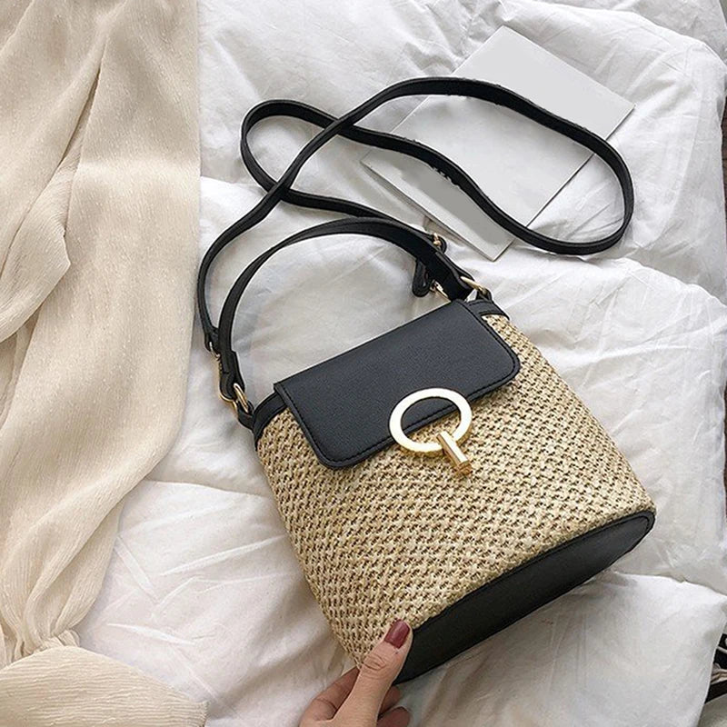 Straw Bucket Bag for Women Summer Crossbody Handbag