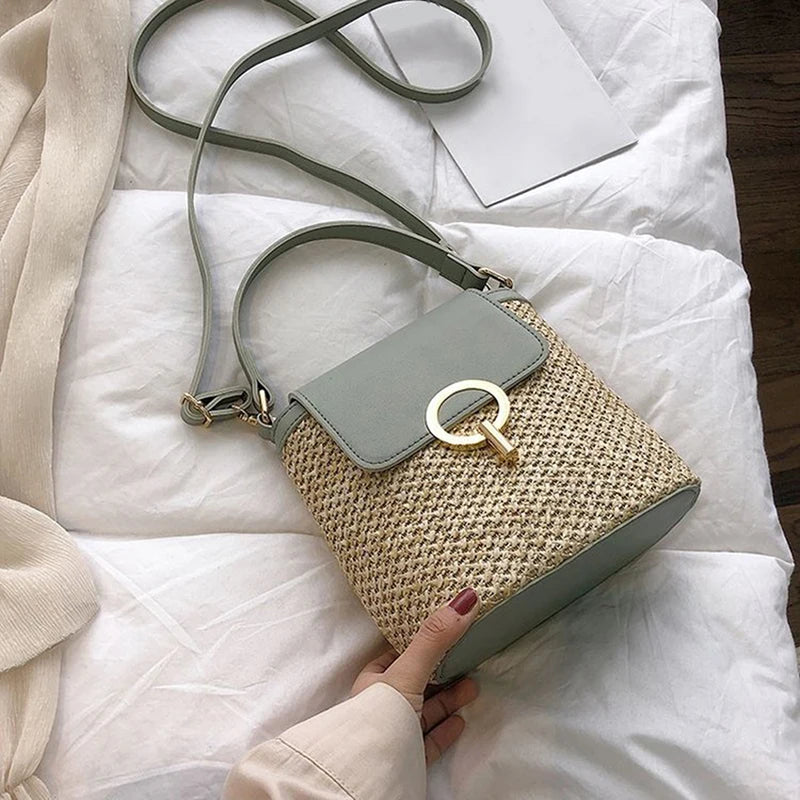 Straw Bucket Bag Summer Crossbody Travel Purse Female Shoulder Bag