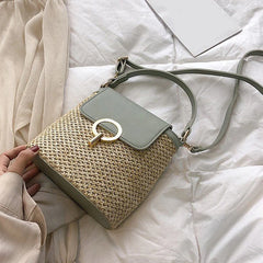 Straw Bucket Bag Summer Crossbody Travel Purse Female Shoulder Bag