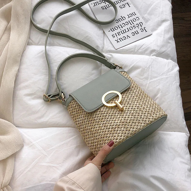 Straw Bucket Bag Women Crossbody Travel Purse Shoulder Messenger Bolsos