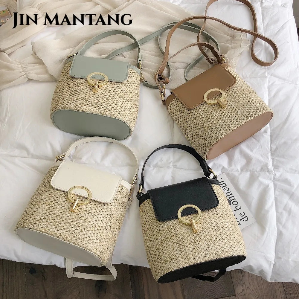 Straw Bucket Bag Women Crossbody Travel Purse Shoulder Messenger Bolsos
