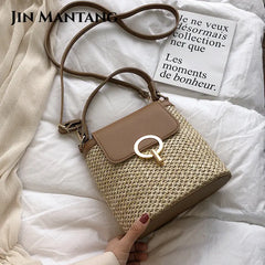 Straw Bucket Bag for Women Crossbody Summer Handbag Lady Shoulder Bag