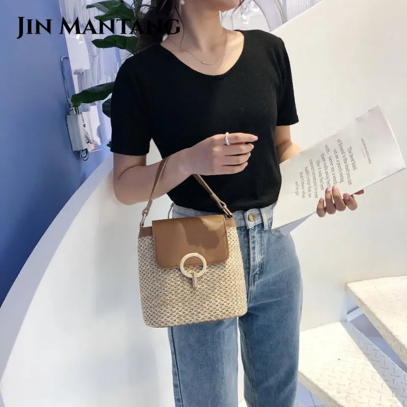 Straw Bucket Bag for Women Crossbody Summer Handbag Lady Shoulder Bag