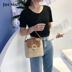 Straw Bucket Bag for Women Crossbody Summer Handbag Lady Shoulder Bag