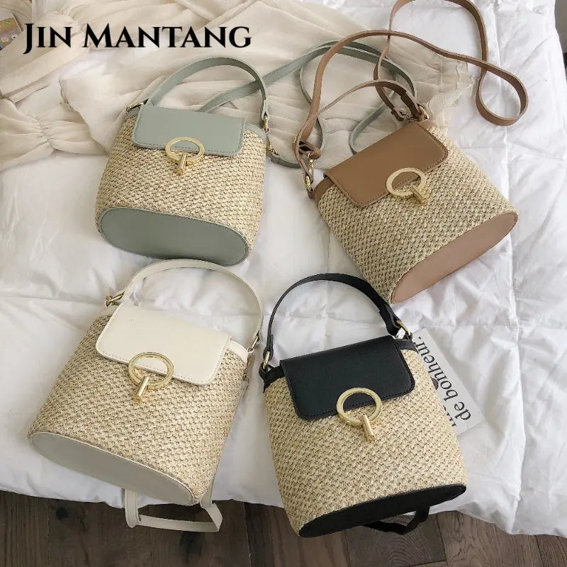 Straw Bucket Bag for Women Crossbody Summer Handbag Lady Shoulder Bag