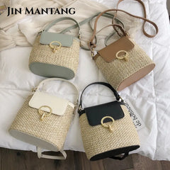 Straw Bucket Bag for Women Crossbody Summer Handbag Lady Shoulder Bag