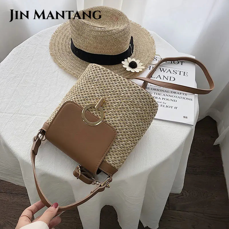 Straw Bucket Bag for Women Crossbody Summer Handbag Lady Shoulder Bag