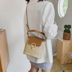Straw Bucket Bag for Women Summer Crossbody Lady Travel Purse Shoulder Bag