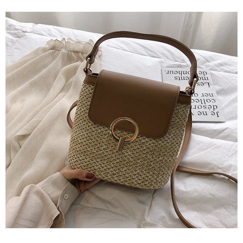 Straw Bucket Bag for Women Summer Crossbody Lady Travel Purse Shoulder Bag