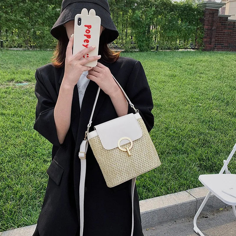 Straw Bucket Bags for Women Summer Crossbody Bags Lady Travel Purses