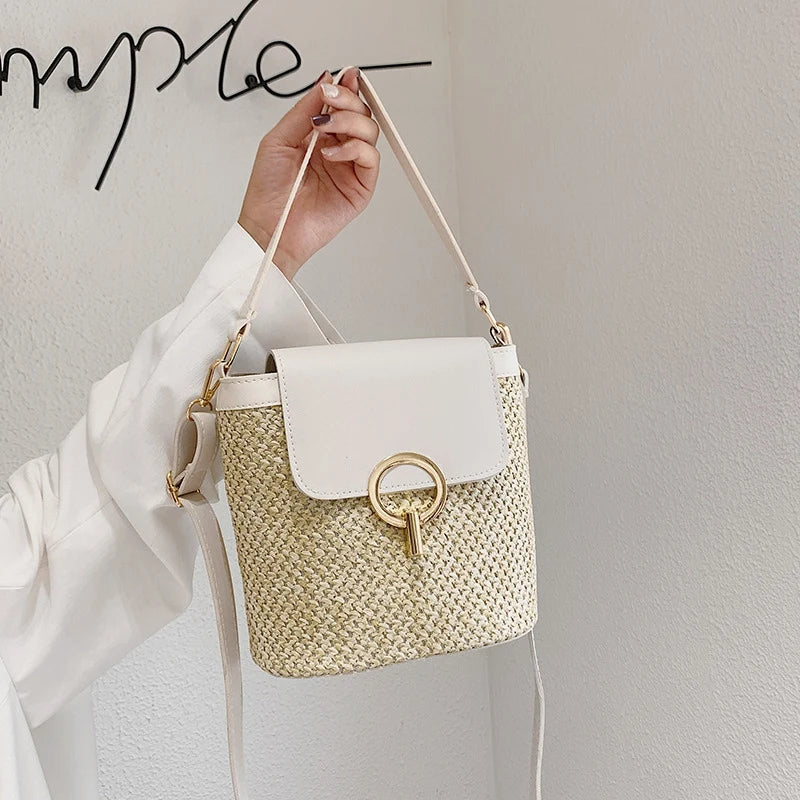 Straw Bucket Bags for Women Summer Crossbody Bags Lady Travel Purses