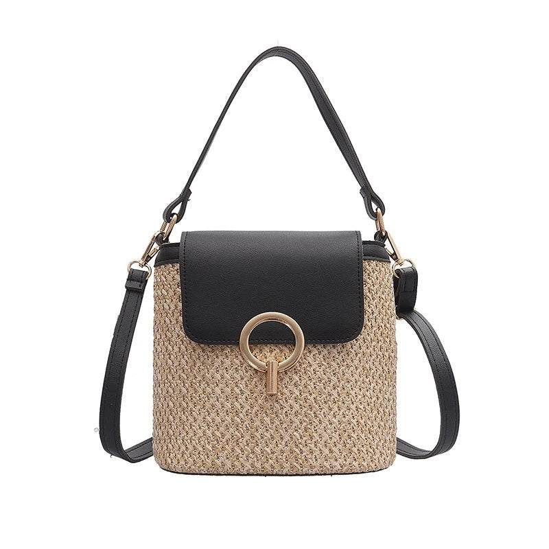 Straw Bucket Crossbody Bag Women Summer Travel Purse Lady Shoulder Bag