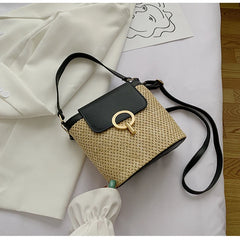 Straw Bucket Crossbody Bag Women Summer Travel Purse Lady Shoulder Bag