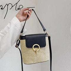 Straw Bucket Crossbody Bag Women Summer Travel Purse Lady Shoulder Bag