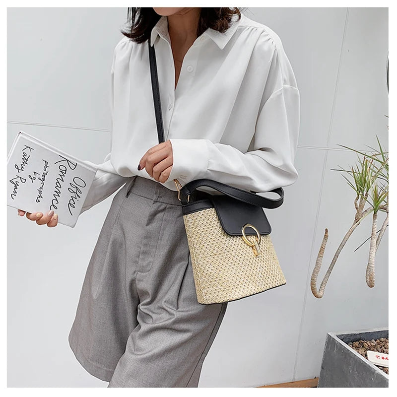 Straw Bucket Crossbody Bag Women Summer Travel Purse Lady Shoulder Bag