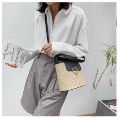 Straw Bucket Crossbody Bag Women Summer Travel Purse Lady Shoulder Bag