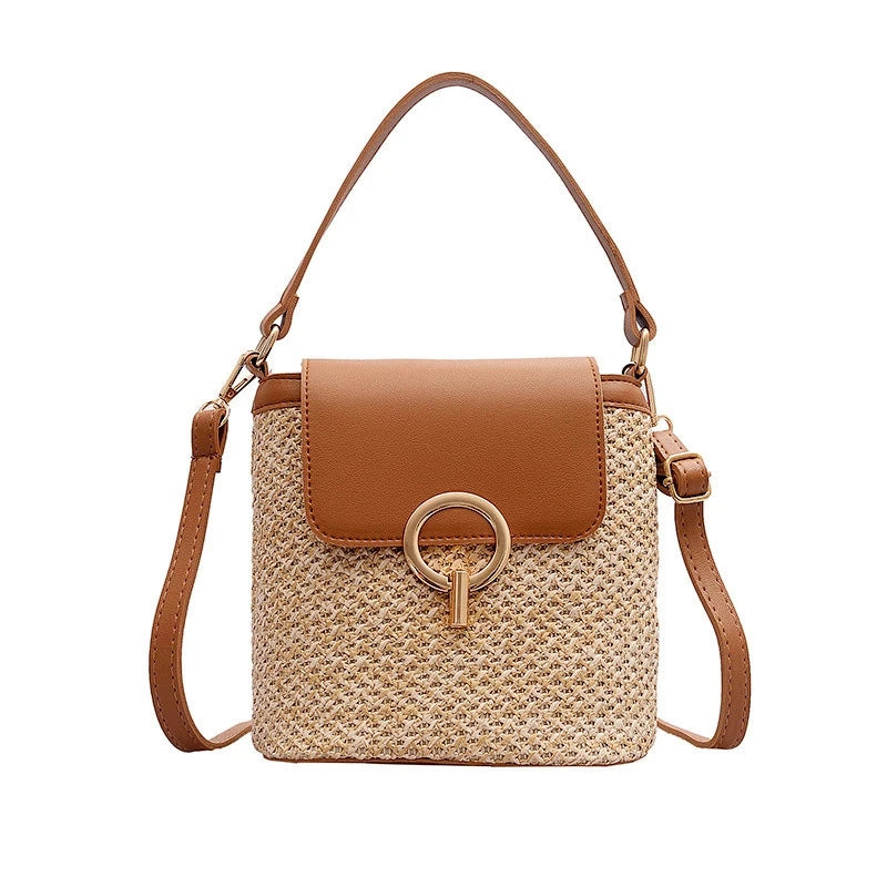 Straw Bucket Bag for Women Summer Crossbody Lady Travel Purse Shoulder Bag