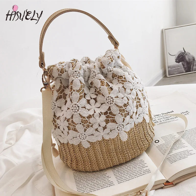 Straw Woven Bucket Bag for Women Crossbody Rattan Shoulder Bag