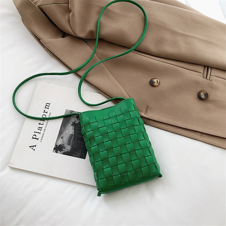 Small Weave Women's Messenger Phone Bag Top PU Leather Handbag