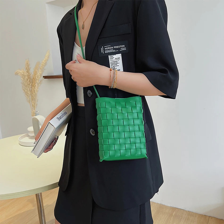 Small Weave Women's Messenger Phone Bag Top PU Leather Handbag