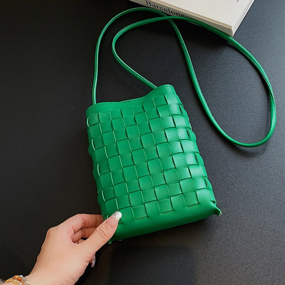 Small Weave Women's Messenger Phone Bag Top PU Leather Handbag