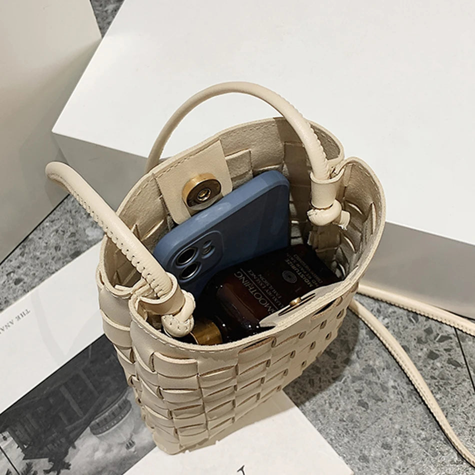 Small Weave Women's Messenger Phone Bag Top PU Leather Handbag