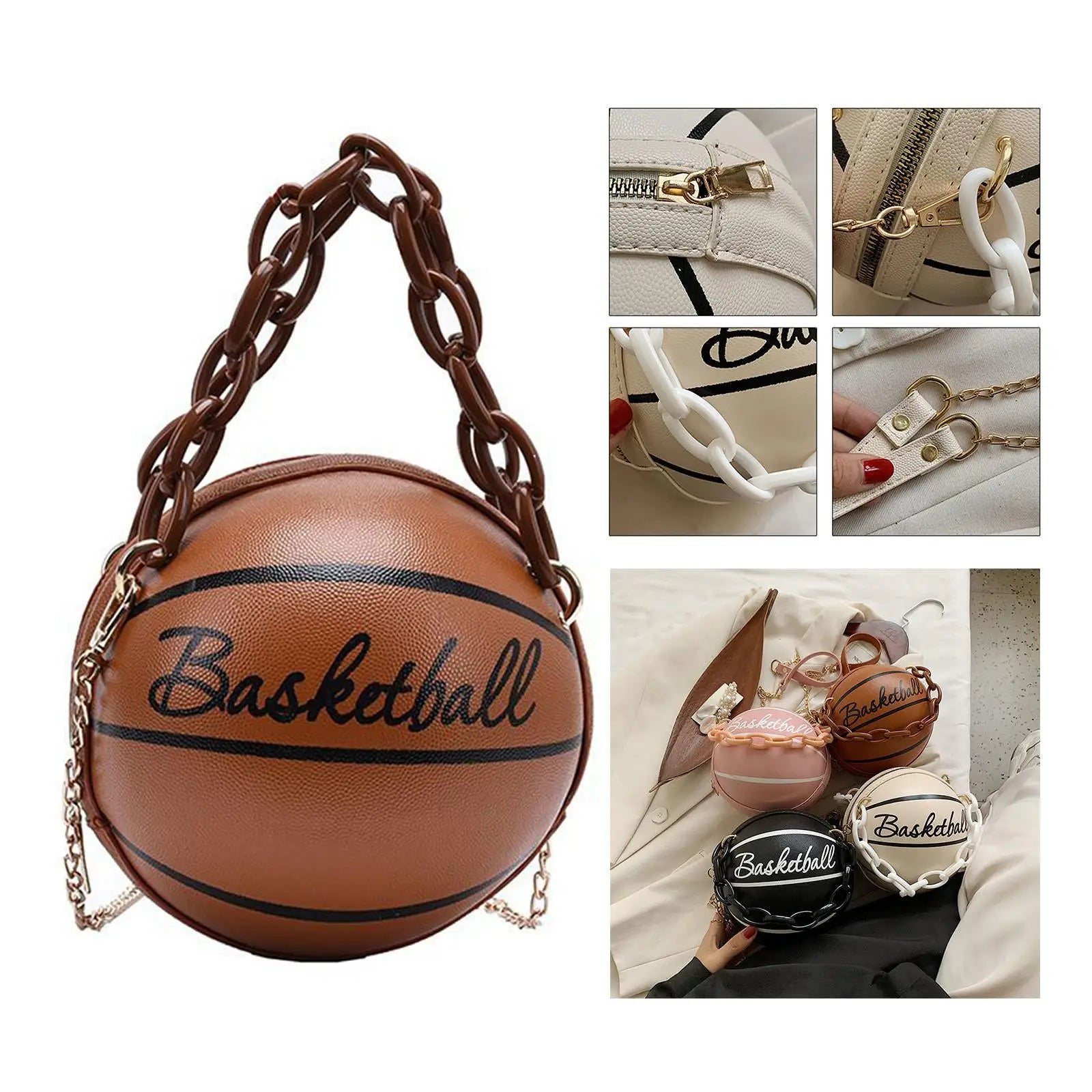 Small Basketball Shaped Shoulder Bag Leather with Chain Tote for Women