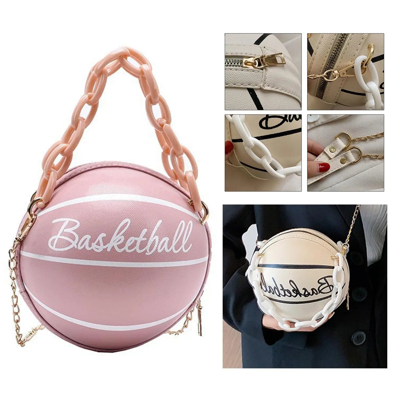 Small Basketball Shaped Shoulder Bag Leather with Chain Tote for Women
