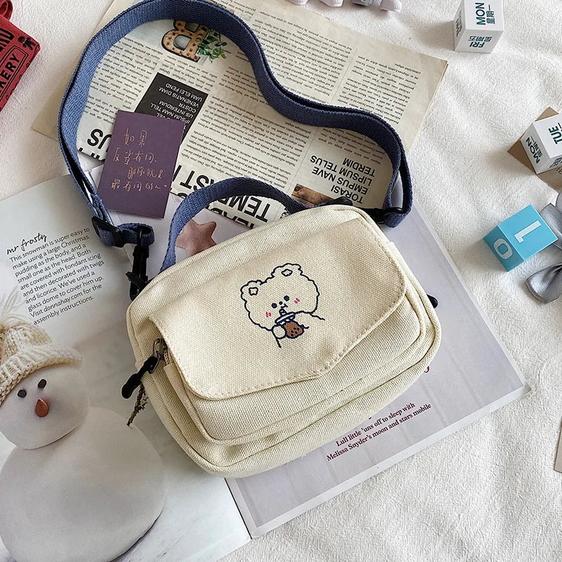 Small Women Canvas Shoulder Bags Cartoon Print Mini Canvas Handbags Phone Crossb