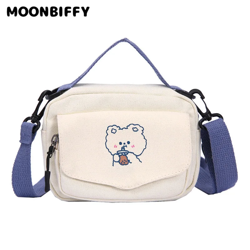 Small Women Canvas Shoulder Bags Cartoon Print Mini Canvas Handbags Phone Crossb