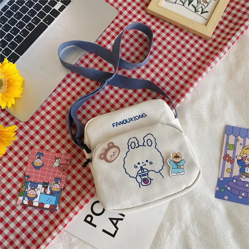 Women Canvas Shoulder Bags Cartoon Print Mini Handbags Phone Crossbody Bag