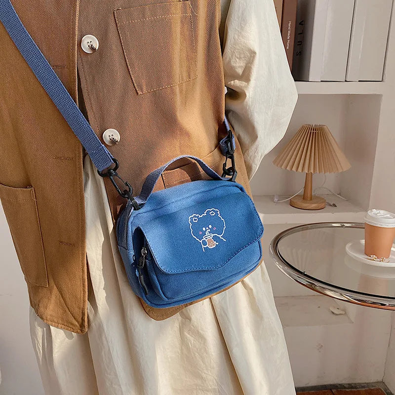 Women Canvas Shoulder Bag Cartoon Print Mini Handbag Crossbody Phone Bag