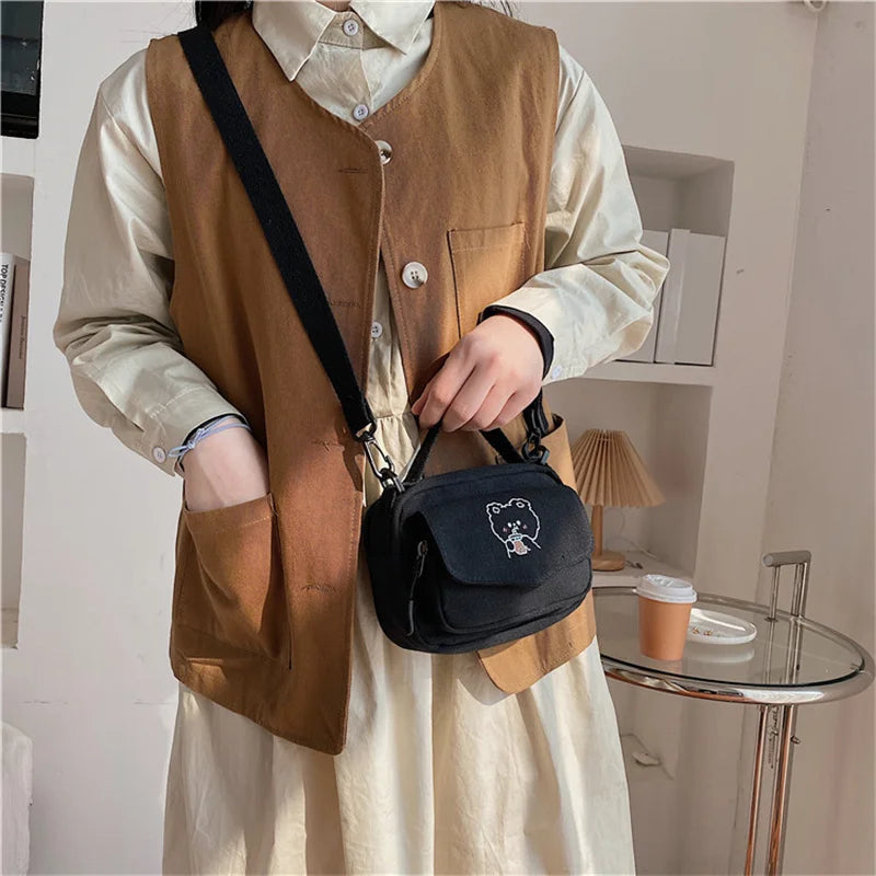 Mini Canvas Shoulder Bag Cartoon Print Crossbody Handbag for Girl