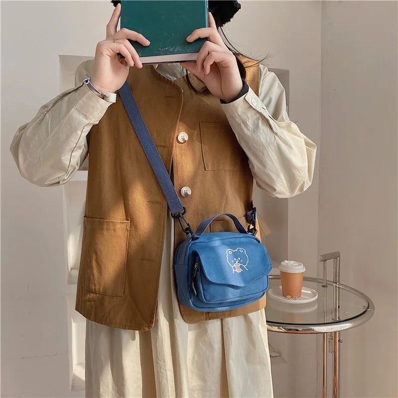 Cartoon Print Mini Canvas Shoulder Bag Girl Purse Phone Crossbody
