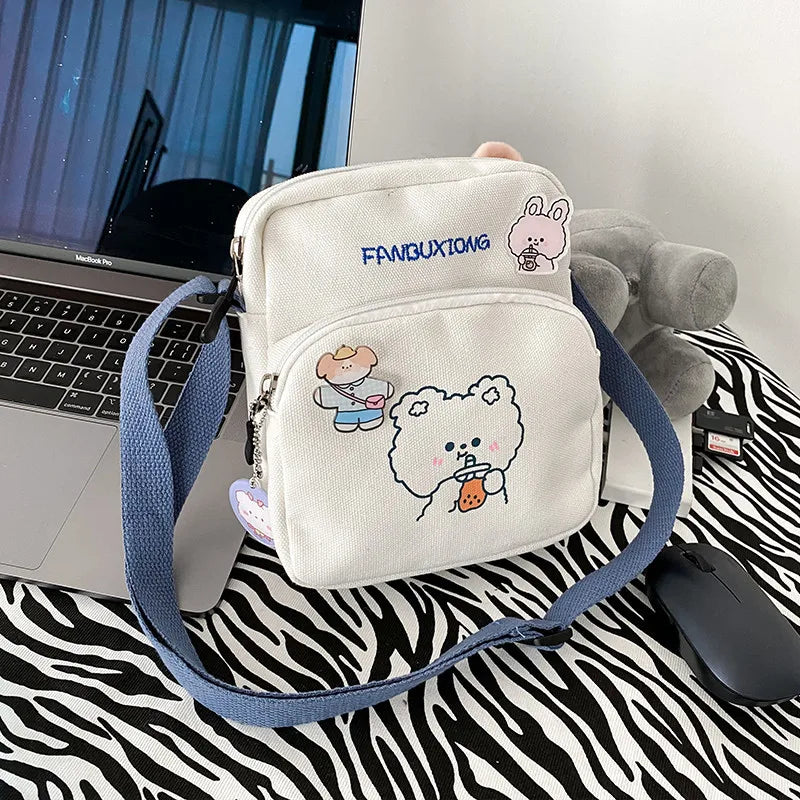 Women Canvas Shoulder Bag Cartoon Print Mini Handbag Phone Crossbody Purse