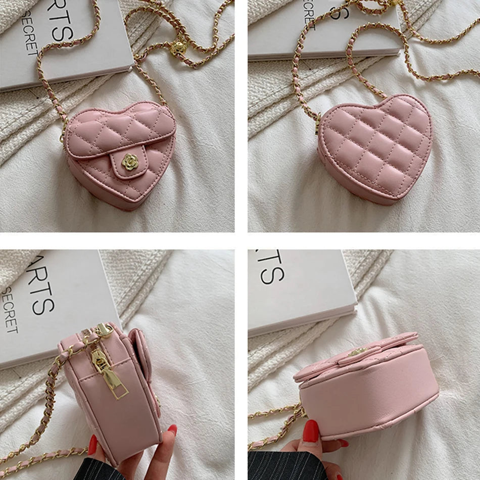 Small Women Heart Shoulder Crossbody Bag PU Leather Quilted Handbag