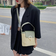 Small Woven Bucket Bag Beach Handbags for Women Female Travel Vacation Straw Cro